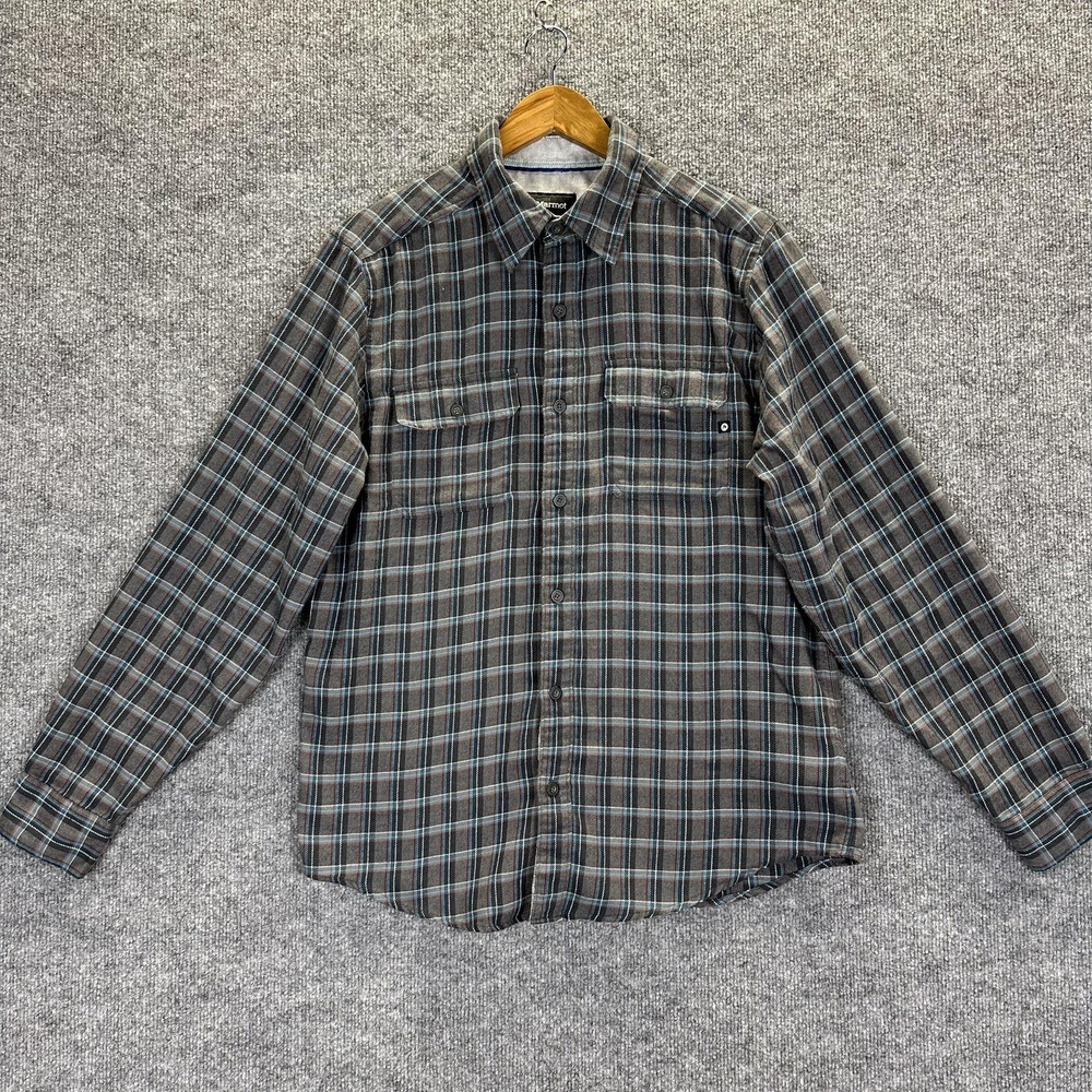 Marmot Shirt Mens Medium Gray Plaid Flannel Long Sleeve Button Up Outdoor Travel